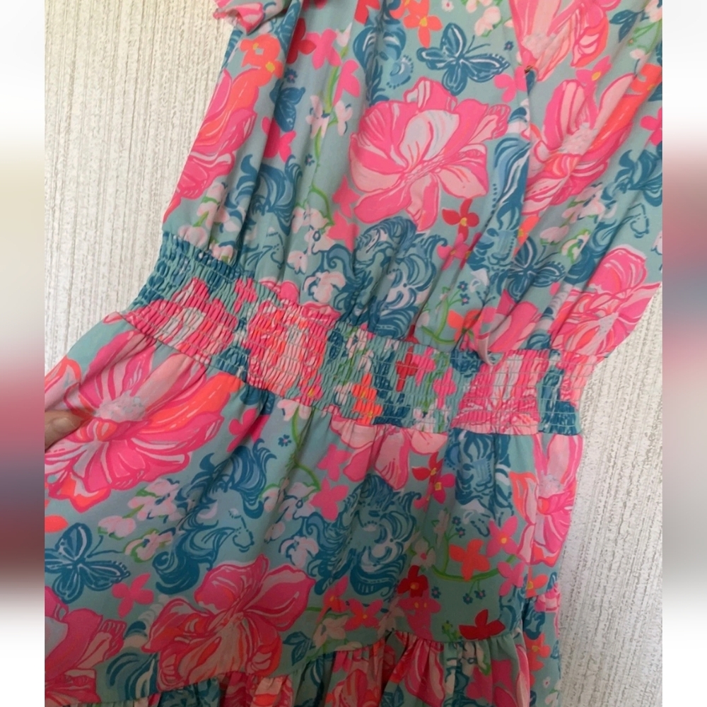 Lilly Pulitzer Size 8 Maryanne Surf Blue Luscious Lions Dress Floral Ruffles - Picture 8 of 12